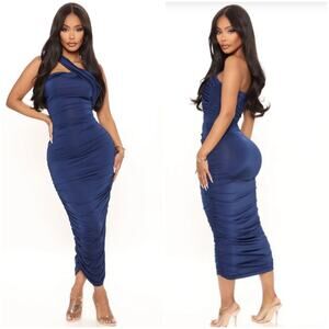 NWT Fashion Nova Tessa Ruched Midi Dress Navy One Shoulder Size 1X